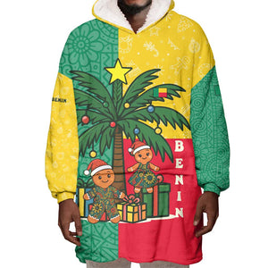 Benin Christmas Wearable Blanket Hoodie Palm Tree Dolls and Red Yellow Green Festive - African Pride