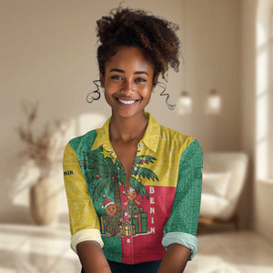 Benin Christmas Women Casual Shirt Palm Tree Dolls and Red Yellow Green Festive - African Pride