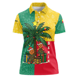 Benin Christmas Women Polo Shirt Palm Tree Dolls and Red Yellow Green Festive - African Pride