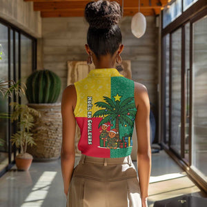 Benin Christmas Women Sleeveless Polo Shirt Palm Tree Dolls and Red Yellow Green Festive - African Pride
