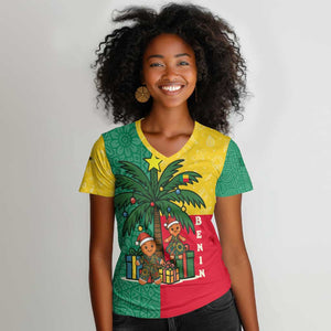 Benin Christmas Women V-Neck T-Shirt Palm Tree Dolls and Red Yellow Green Festive - African Pride