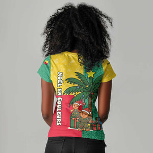 Benin Christmas Women V-Neck T-Shirt Palm Tree Dolls and Red Yellow Green Festive - African Pride