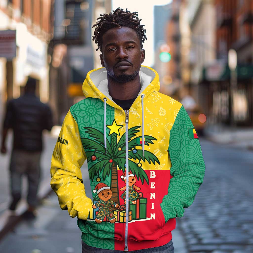 Benin Christmas Zip Hoodie Palm Tree Dolls and Red Yellow Green Festive - African Pride