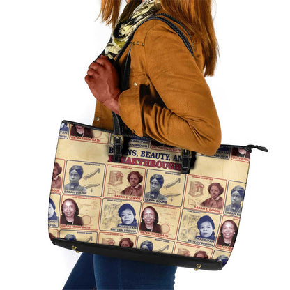 Brains Beauty And Breakthroughs Leather Tote Bag Trailblazing Black Women Inventors and Innovators - African Pride