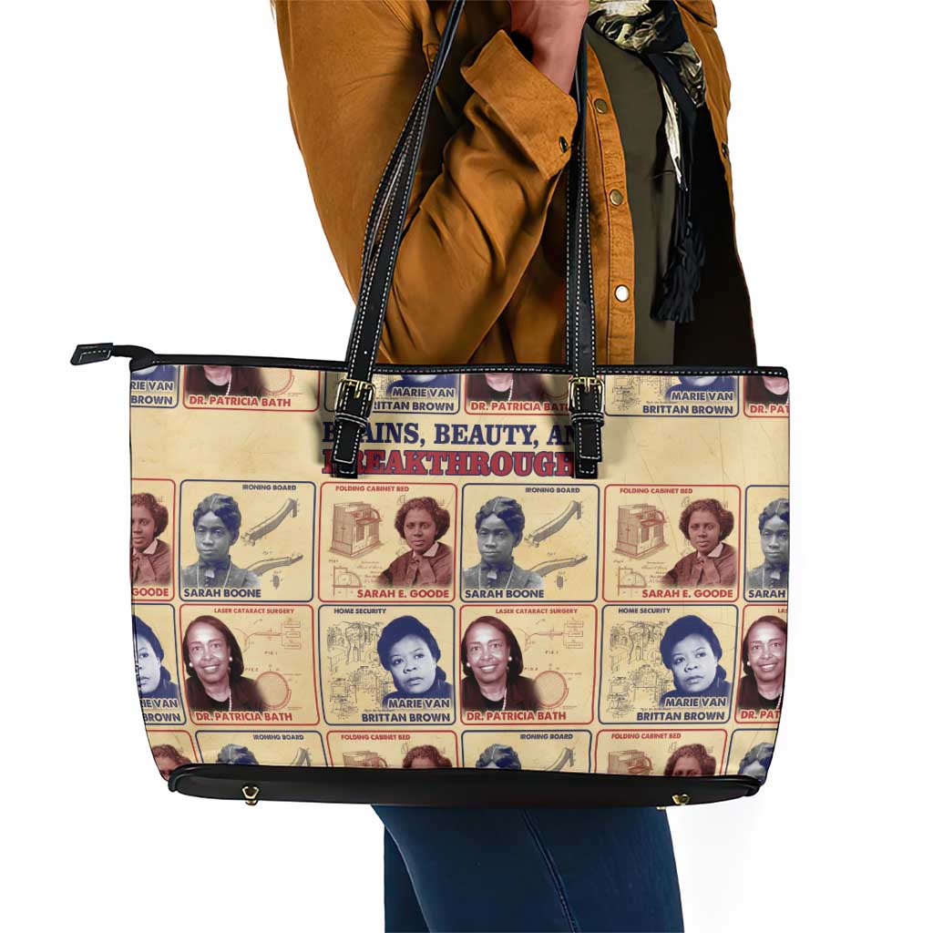 Brains Beauty And Breakthroughs Leather Tote Bag Trailblazing Black Women Inventors and Innovators - African Pride