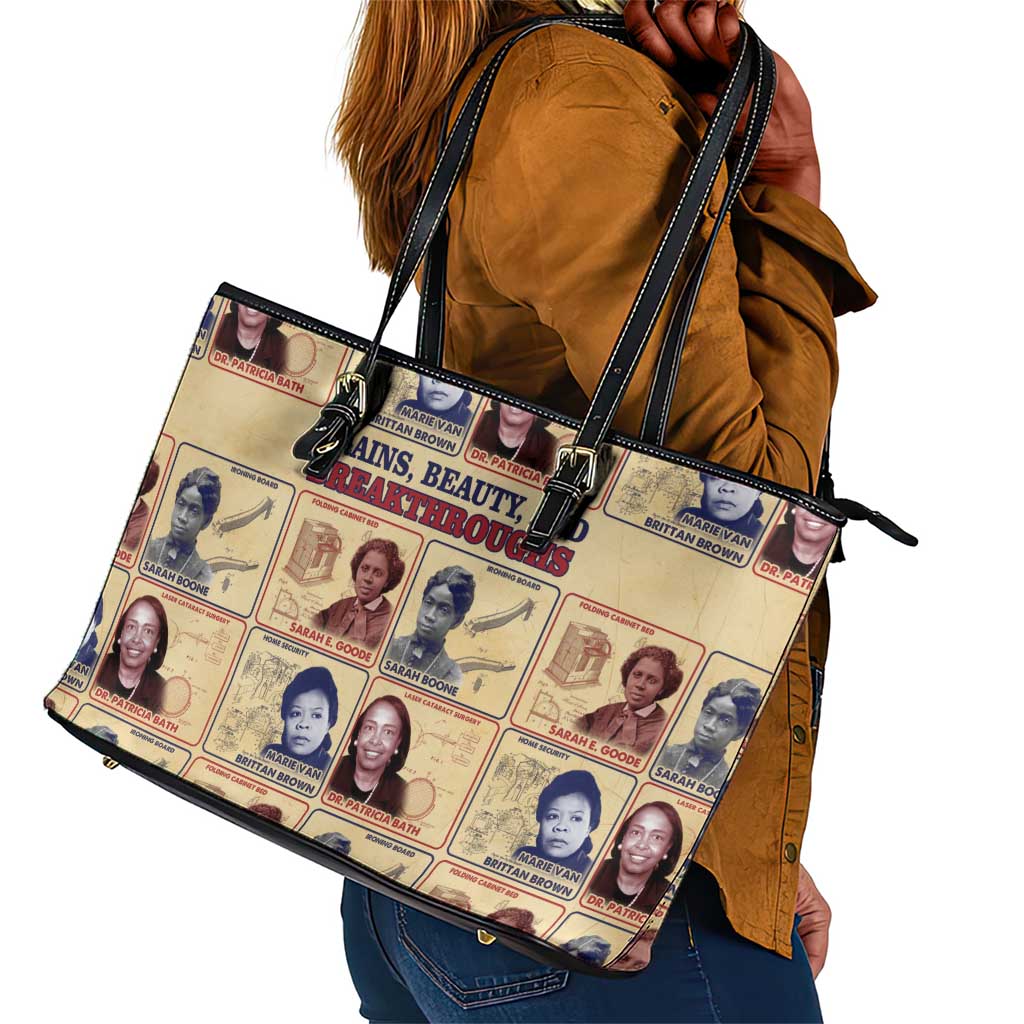 Brains Beauty And Breakthroughs Leather Tote Bag Trailblazing Black Women Inventors and Innovators - African Pride
