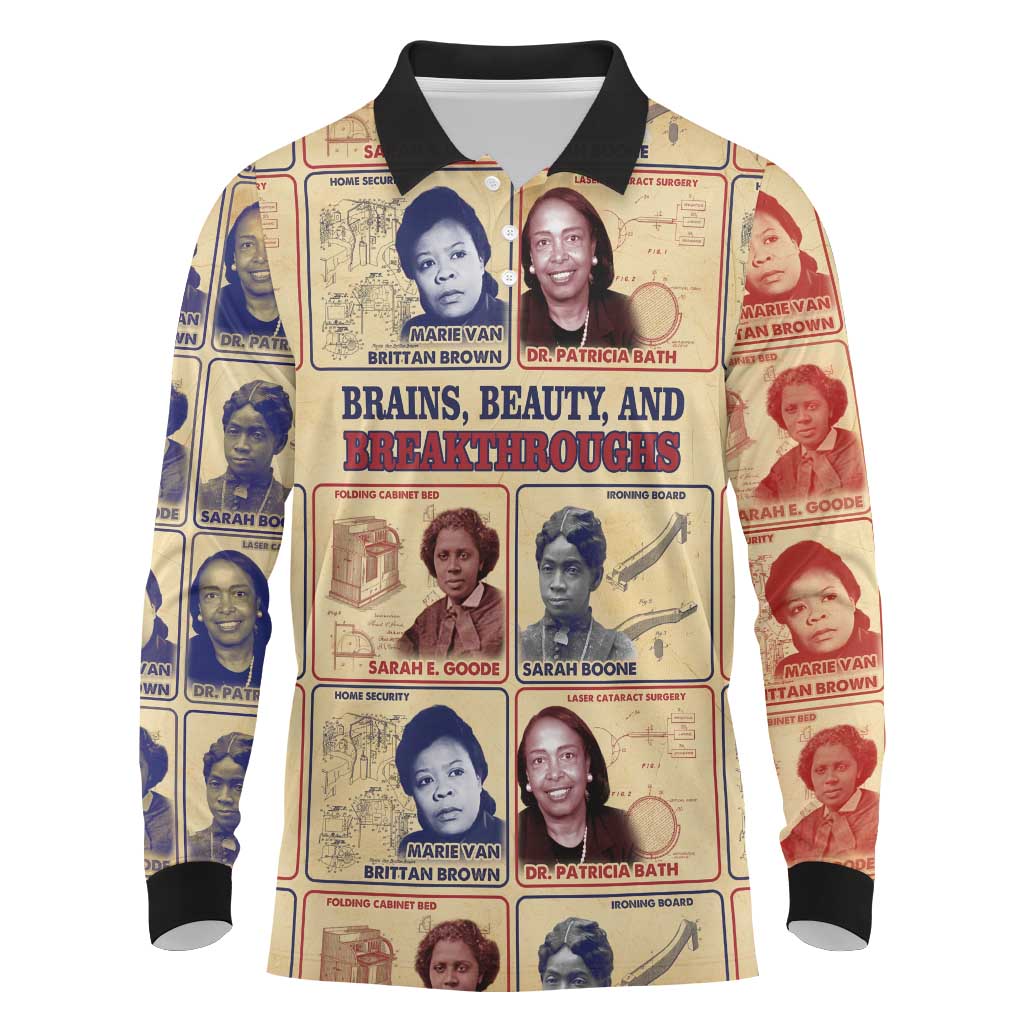 Brains Beauty And Breakthroughs Long Sleeve Polo Shirt Trailblazing Black Women Inventors and Innovators - African Pride