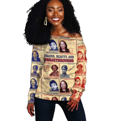 Brains Beauty And Breakthroughs Off Shoulder Sweater Trailblazing Black Women Inventors and Innovators - African Pride