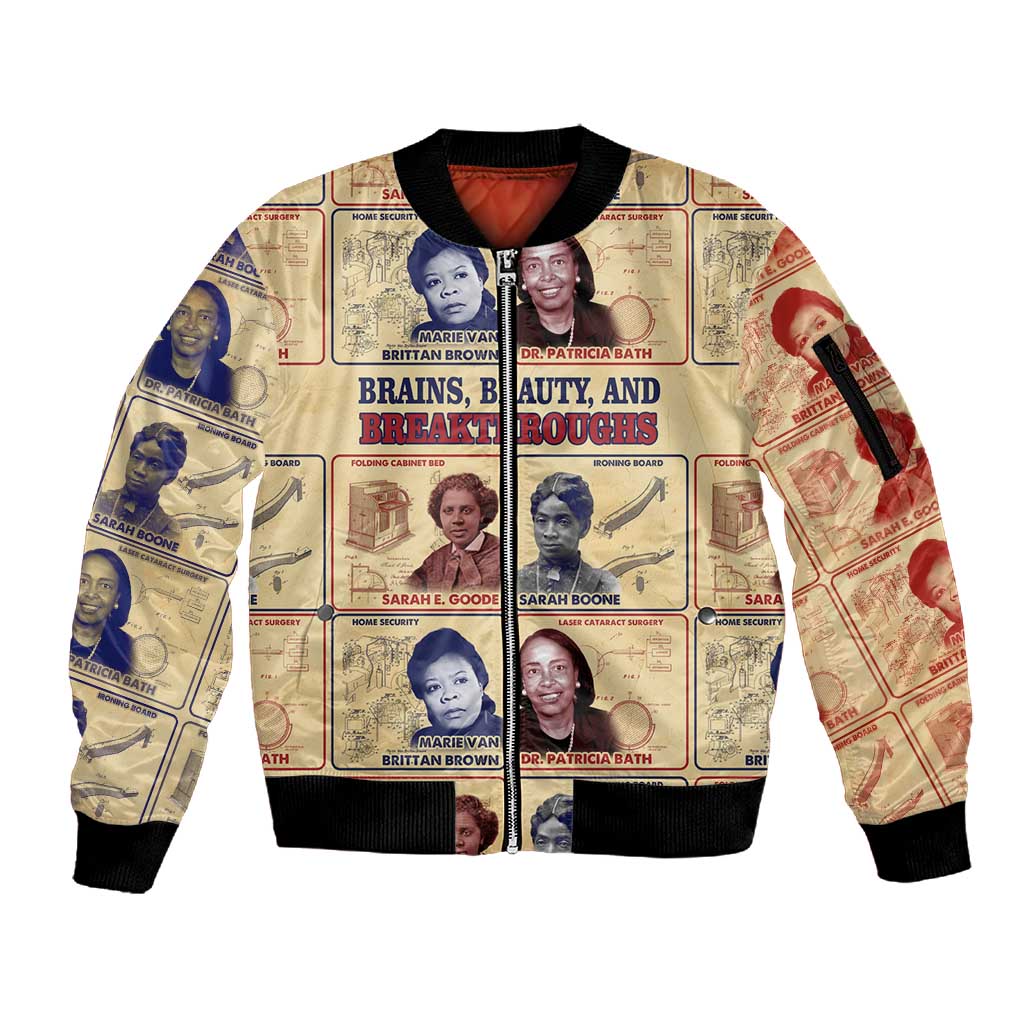 Brains Beauty And Breakthroughs Sleeve Zip Bomber Jacket Trailblazing Black Women Inventors and Innovators - African Pride
