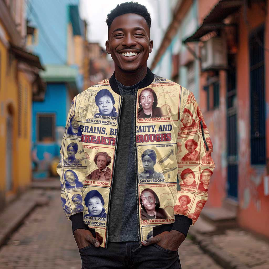 Brains Beauty And Breakthroughs Sleeve Zip Bomber Jacket Trailblazing Black Women Inventors and Innovators - African Pride