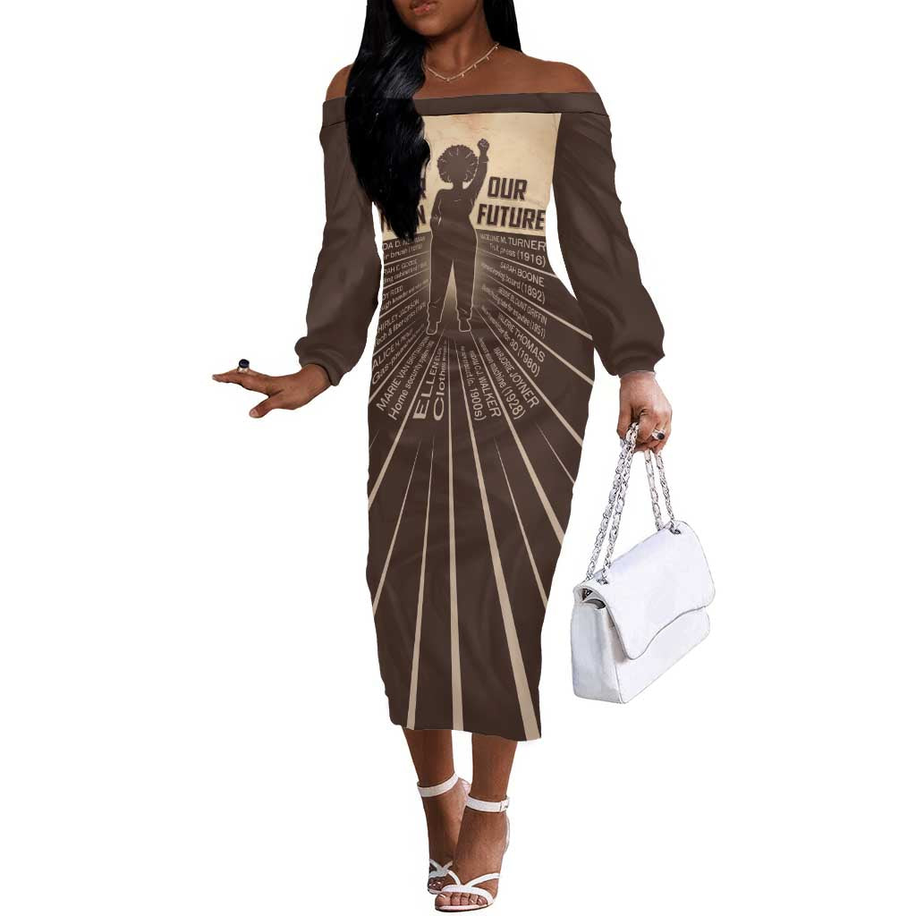Her Vision Our Future Off The Shoulder Long Sleeve Dress Influential Black Women Inventors and Pioneers - African Pride