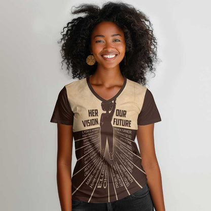 Her Vision Our Future Women V-Neck T-Shirt Influential Black Women Inventors and Pioneers - African Pride