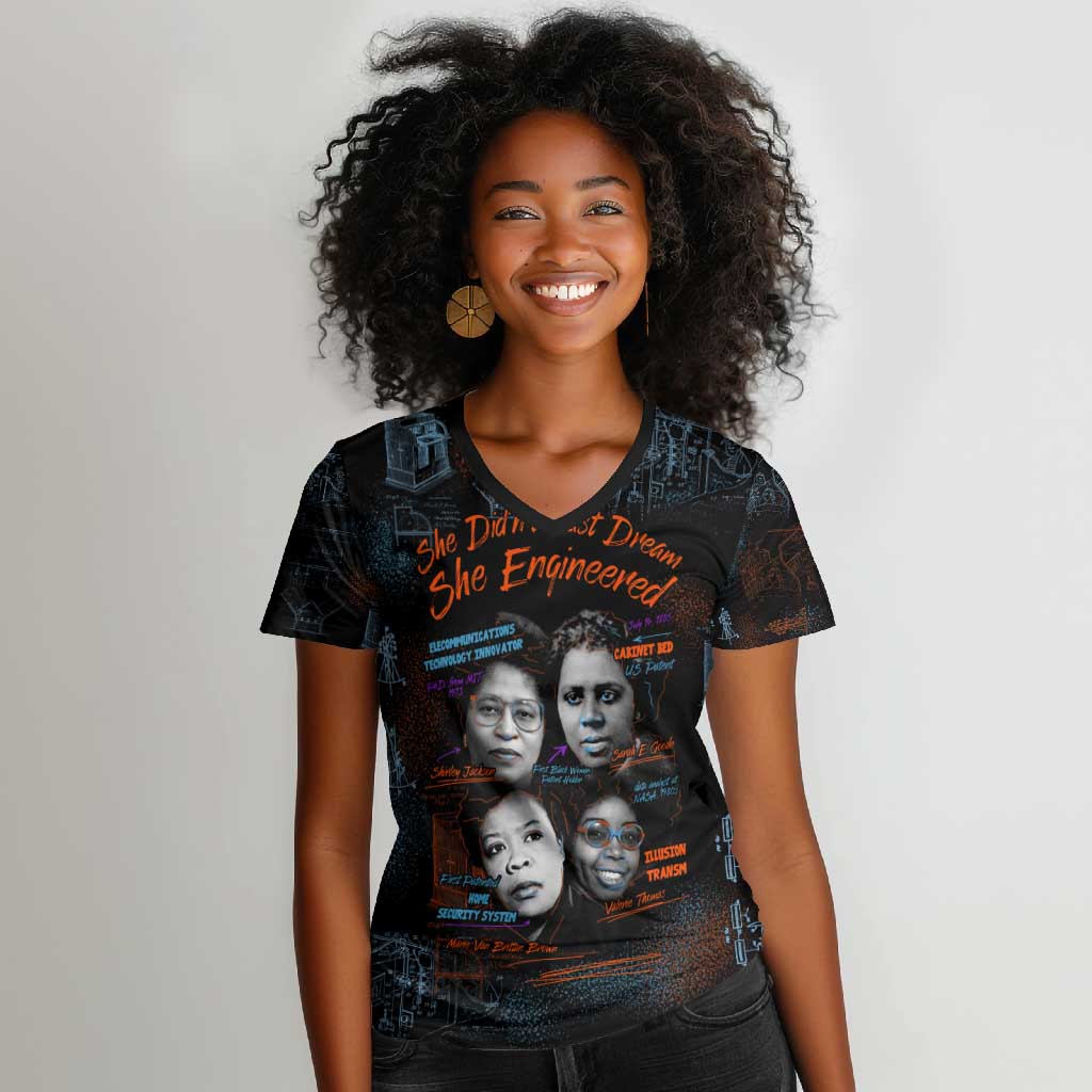 She Didn't Just Dream She Engineered Women V-Neck T-Shirt Trailblazing Black Women Innovators - African Pride