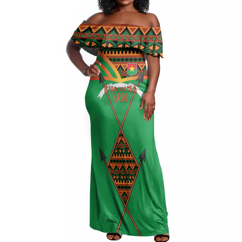 Burkina Faso Heritage Off Shoulder Maxi Dress Tribal Spears and National Emblem - African Pride