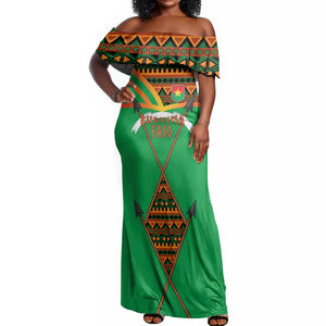 Burkina Faso Heritage Off Shoulder Maxi Dress Tribal Spears and National Emblem - African Pride