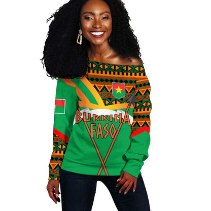 Burkina Faso Heritage Off Shoulder Sweater Tribal Spears and National Emblem - African Pride