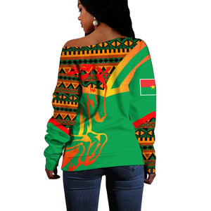 Burkina Faso Heritage Off Shoulder Sweater Tribal Spears and National Emblem - African Pride