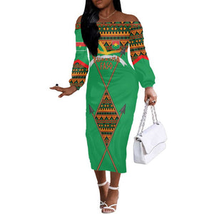 Burkina Faso Heritage Off The Shoulder Long Sleeve Dress Tribal Spears and National Emblem - African Pride