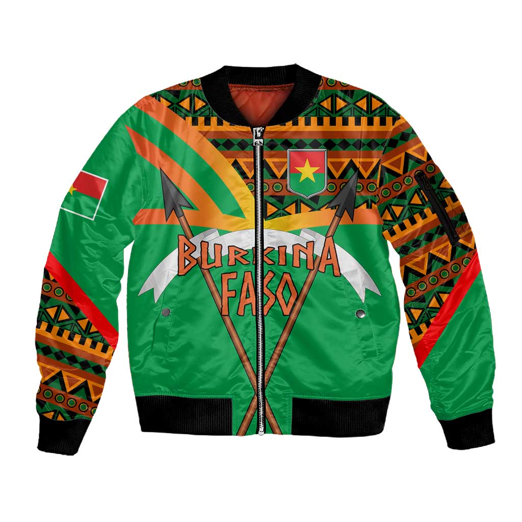 Burkina Faso Heritage Sleeve Zip Bomber Jacket Tribal Spears and National Emblem - African Pride