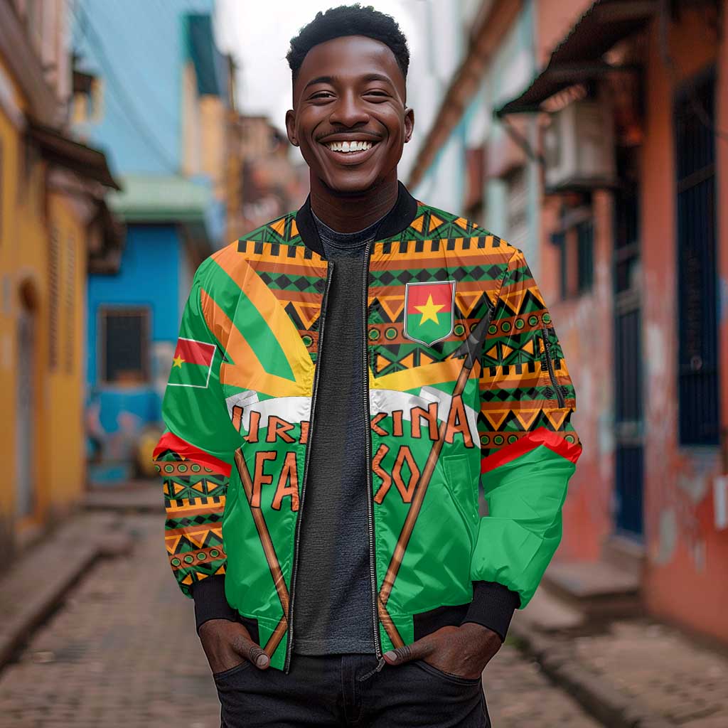 Burkina Faso Heritage Sleeve Zip Bomber Jacket Tribal Spears and National Emblem - African Pride