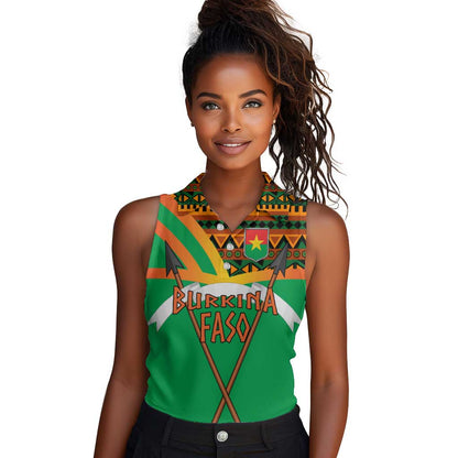 Burkina Faso Heritage Women Sleeveless Polo Shirt Tribal Spears and National Emblem - African Pride