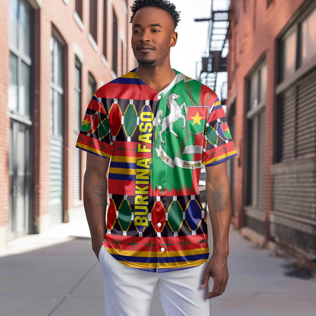 Burkina Faso Baseball Jersey Kente Flag Red Green Blue Geometric - African Pride