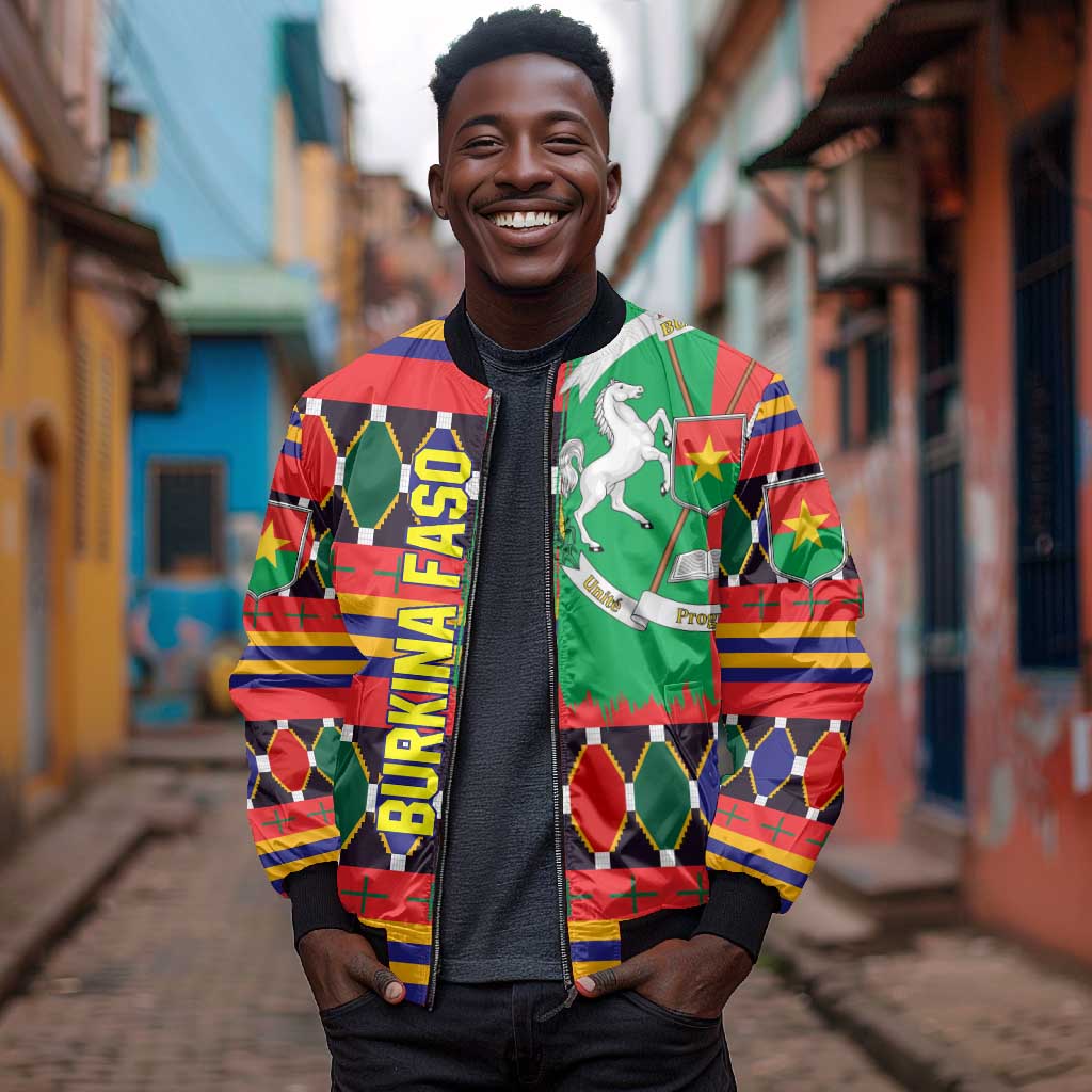 Burkina Faso Bomber Jacket Kente Flag Red Green Blue Geometric - African Pride