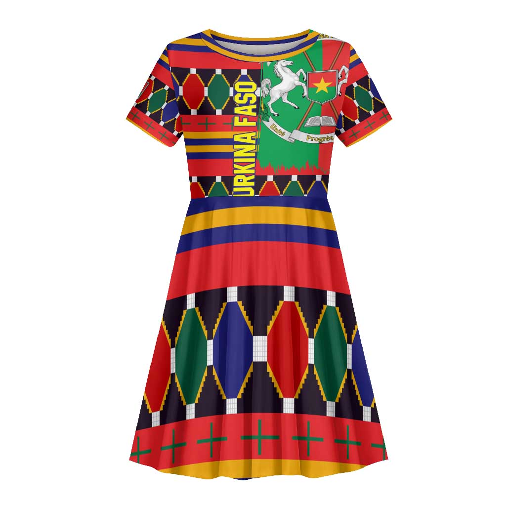 Burkina Faso Kid Short Sleeve Dress Kente Flag Red Green Blue Geometric - African Pride