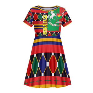 Burkina Faso Kid Short Sleeve Dress Kente Flag Red Green Blue Geometric - African Pride