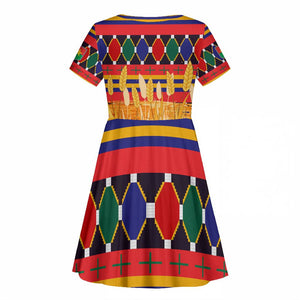 Burkina Faso Kid Short Sleeve Dress Kente Flag Red Green Blue Geometric - African Pride