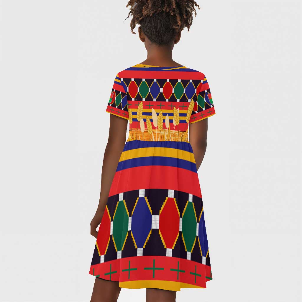 Burkina Faso Kid Short Sleeve Dress Kente Flag Red Green Blue Geometric - African Pride