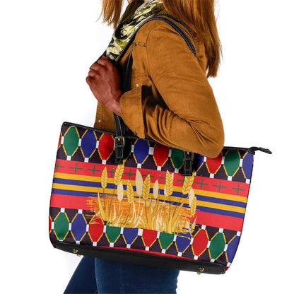 Burkina Faso Leather Tote Bag Kente Flag Red Green Blue Geometric - African Pride