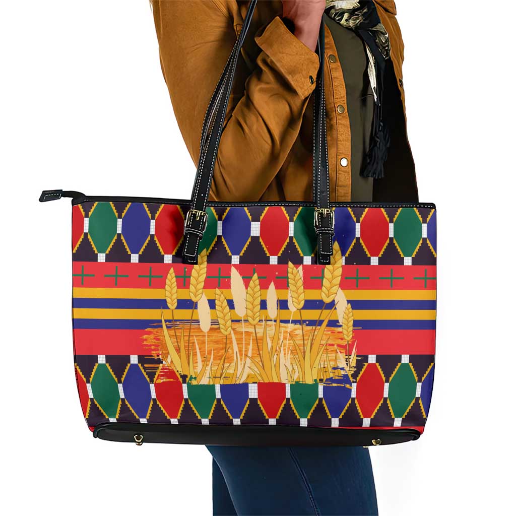 Burkina Faso Leather Tote Bag Kente Flag Red Green Blue Geometric - African Pride