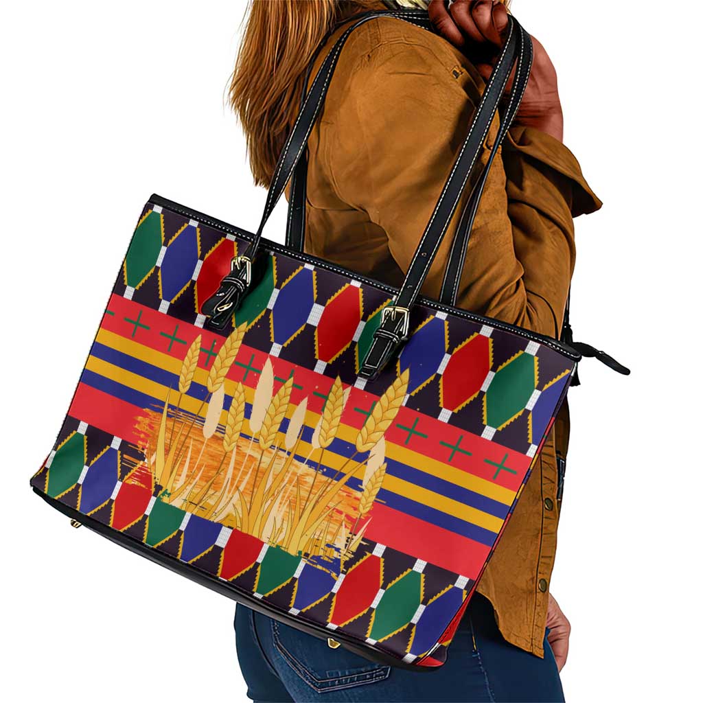 Burkina Faso Leather Tote Bag Kente Flag Red Green Blue Geometric - African Pride