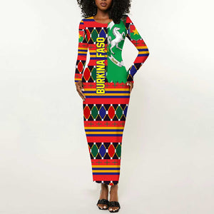 Burkina Faso Long Sleeve Bodycon Dress Kente Flag Red Green Blue Geometric - African Pride