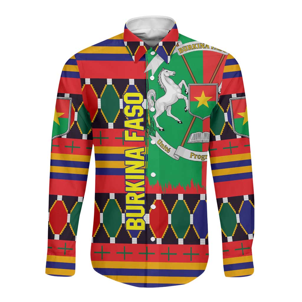 Burkina Faso Long Sleeve Button Shirt Kente Flag Red Green Blue Geometric - African Pride