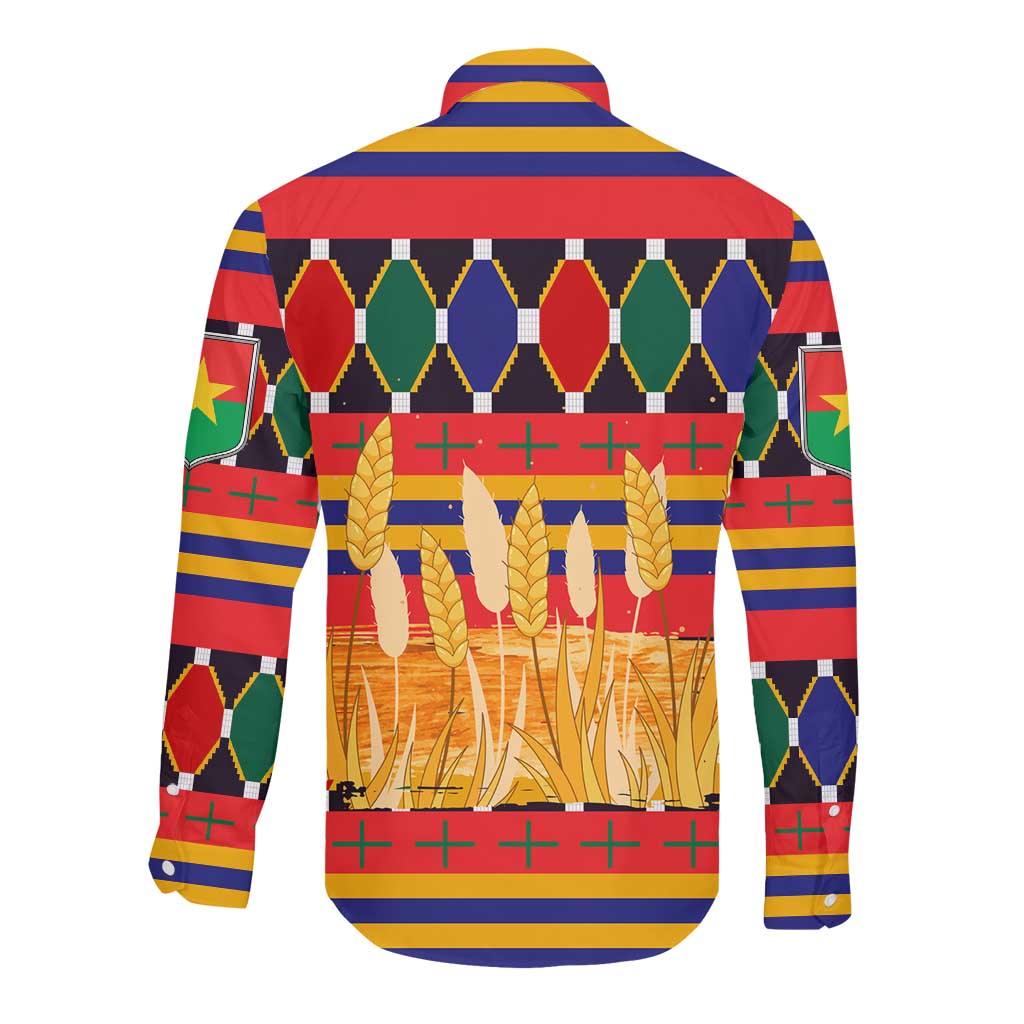 Burkina Faso Long Sleeve Button Shirt Kente Flag Red Green Blue Geometric - African Pride