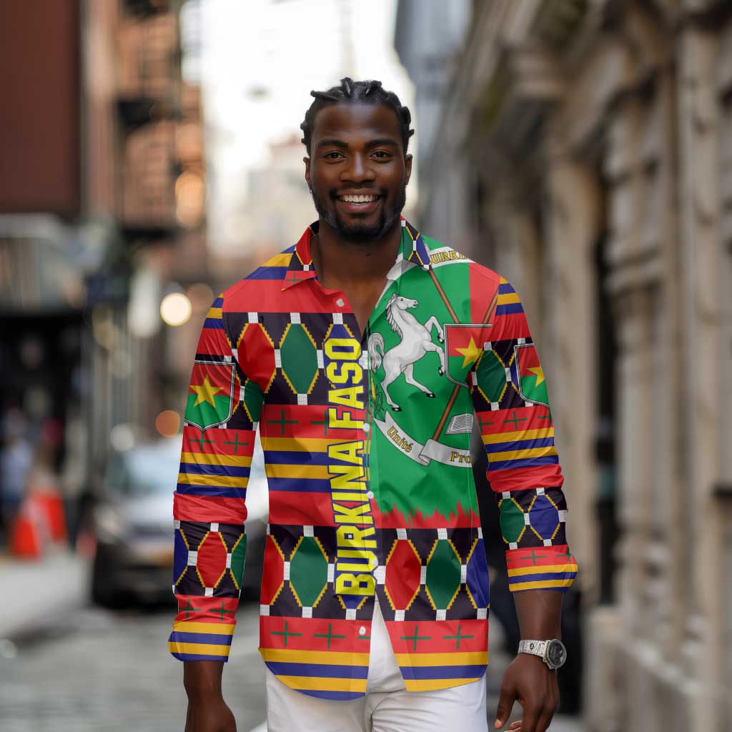Burkina Faso Long Sleeve Button Shirt Kente Flag Red Green Blue Geometric - African Pride