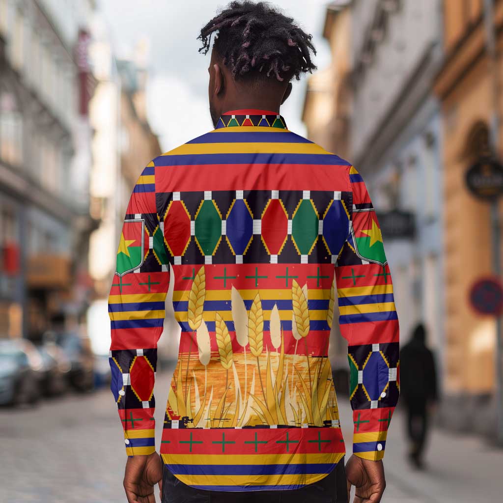 Burkina Faso Long Sleeve Button Shirt Kente Flag Red Green Blue Geometric - African Pride