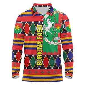 Burkina Faso Long Sleeve Polo Shirt Kente Flag Red Green Blue Geometric - African Pride