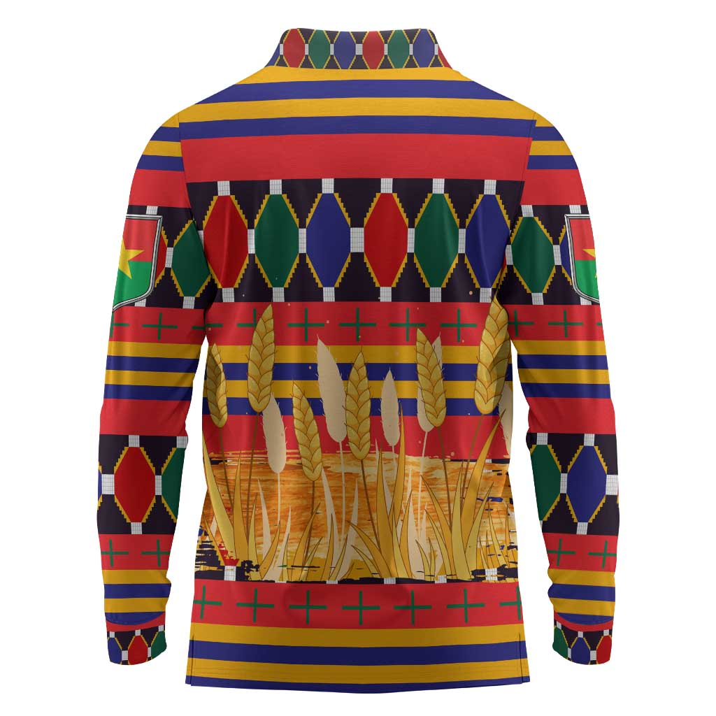 Burkina Faso Long Sleeve Polo Shirt Kente Flag Red Green Blue Geometric - African Pride