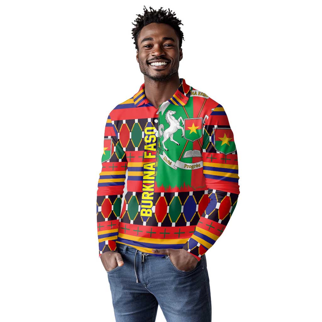Burkina Faso Long Sleeve Polo Shirt Kente Flag Red Green Blue Geometric - African Pride