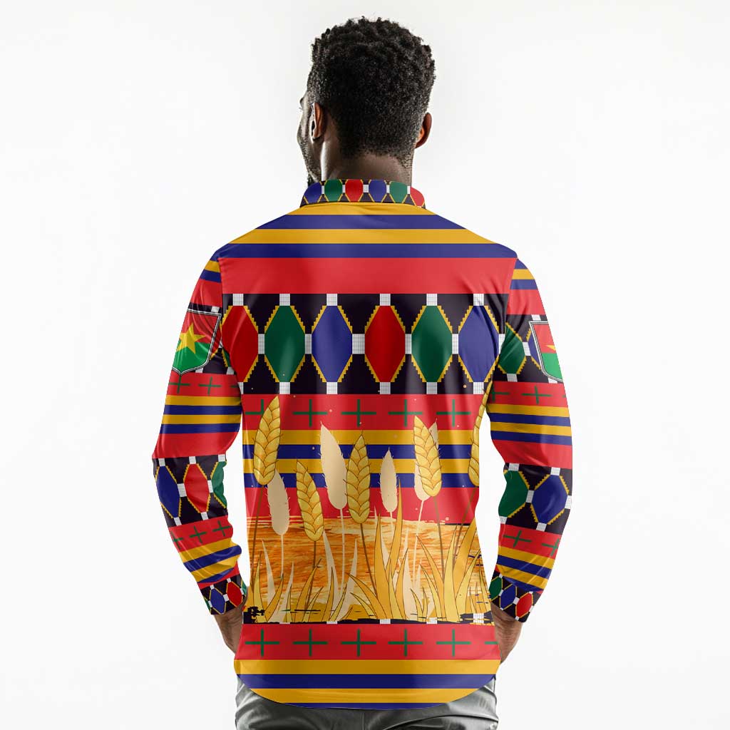 Burkina Faso Long Sleeve Polo Shirt Kente Flag Red Green Blue Geometric - African Pride