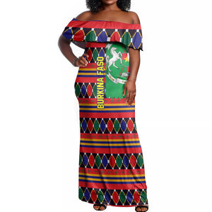 Burkina Faso Off Shoulder Maxi Dress Kente Flag Red Green Blue Geometric - African Pride