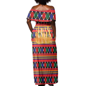 Burkina Faso Off Shoulder Maxi Dress Kente Flag Red Green Blue Geometric - African Pride