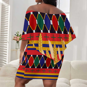 Burkina Faso Off Shoulder Short Dress Kente Flag Red Green Blue Geometric - African Pride