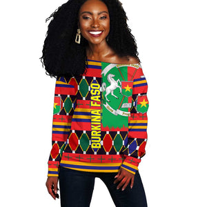 Burkina Faso Off Shoulder Sweater Kente Flag Red Green Blue Geometric - African Pride