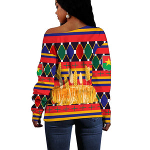 Burkina Faso Off Shoulder Sweater Kente Flag Red Green Blue Geometric - African Pride