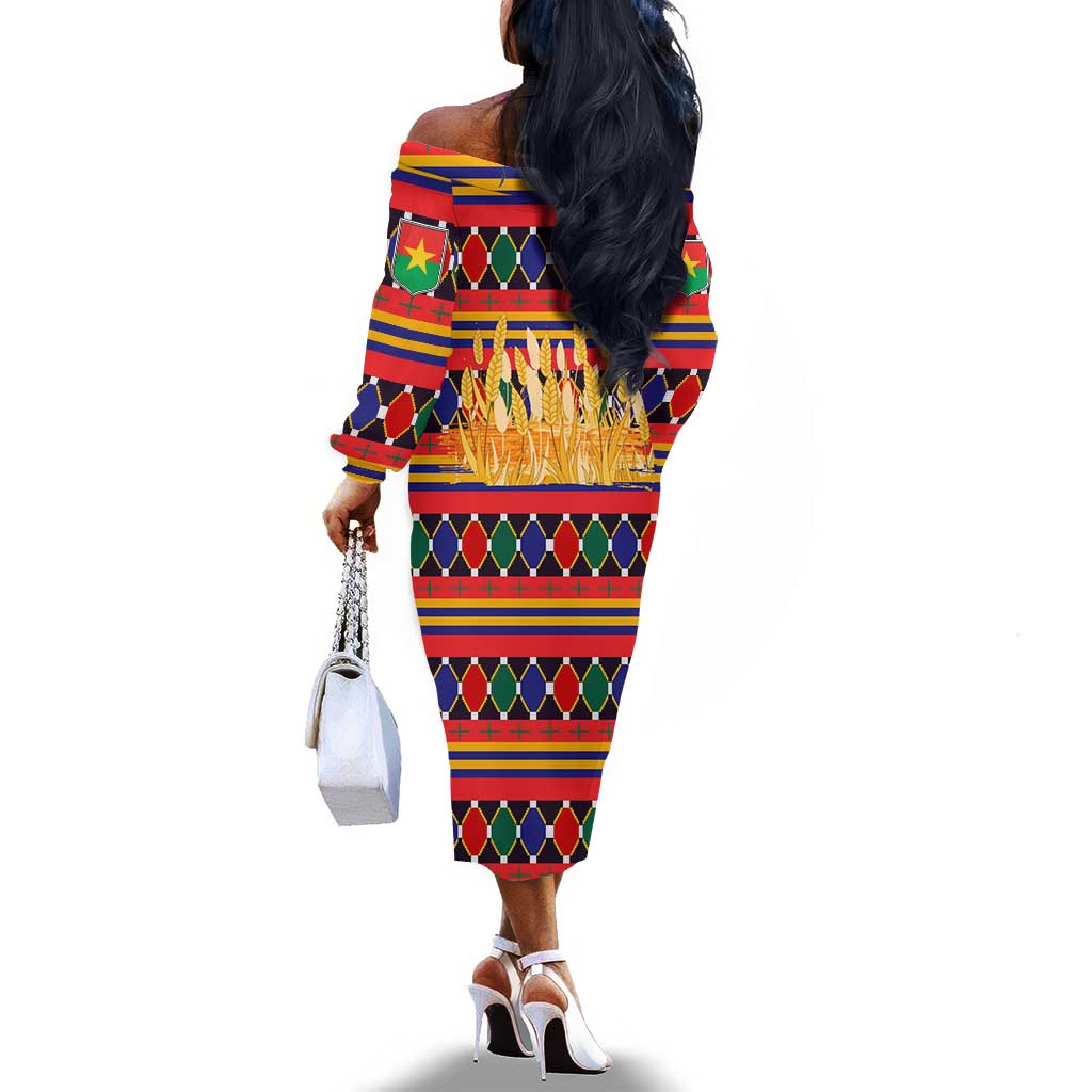Burkina Faso Off The Shoulder Long Sleeve Dress Kente Flag Red Green Blue Geometric - African Pride