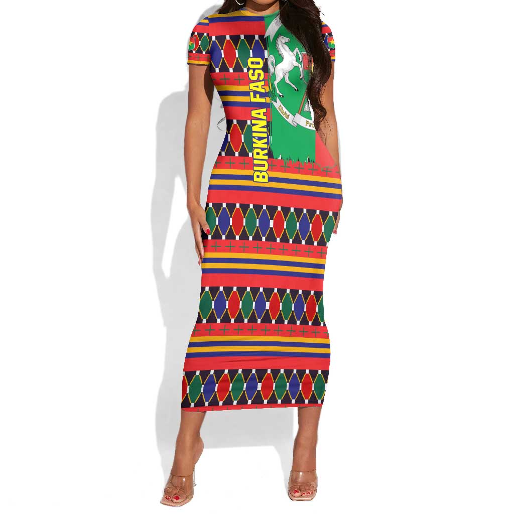 Burkina Faso Short Sleeve Bodycon Dress Kente Flag Red Green Blue Geometric - African Pride